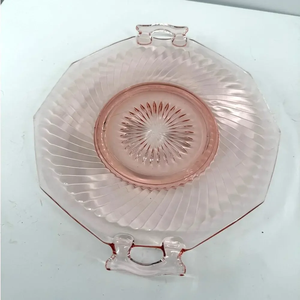 Vintage Pink Depression Glass Handled Serving Plate Vanity Octagonal Starburst